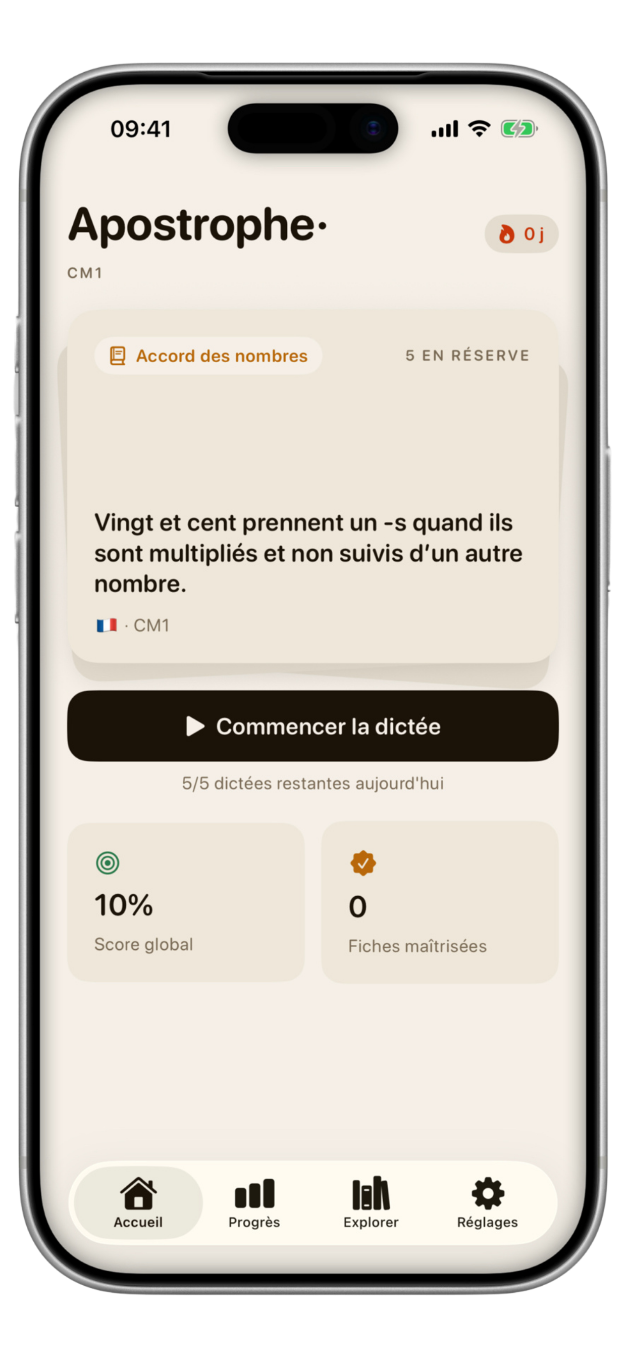Apostrophe app interface showing a French dictation exercise with instant AI correction